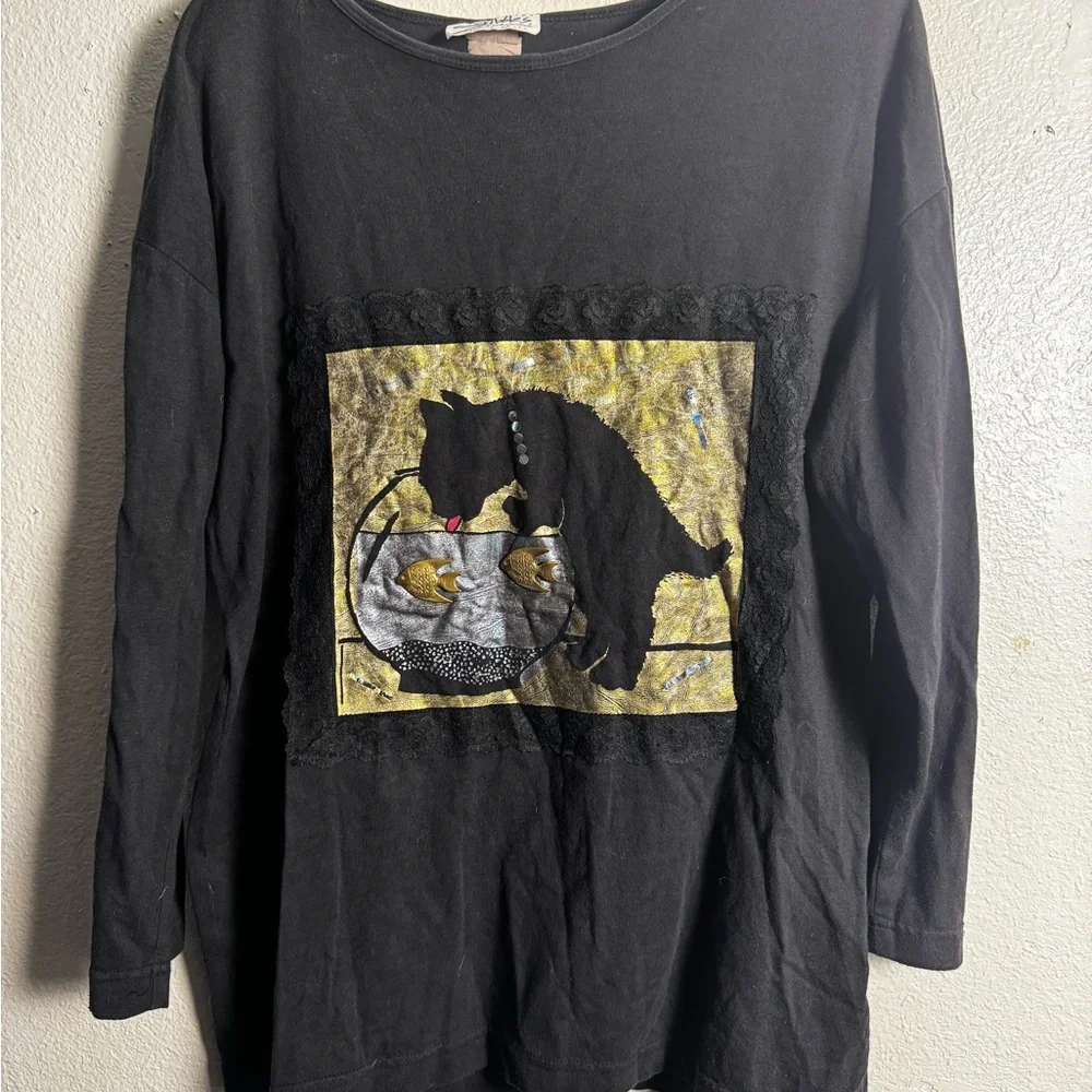 Scribbles Fantastic vintage 80's appliqué 3D oversized cat shirt! Size Large